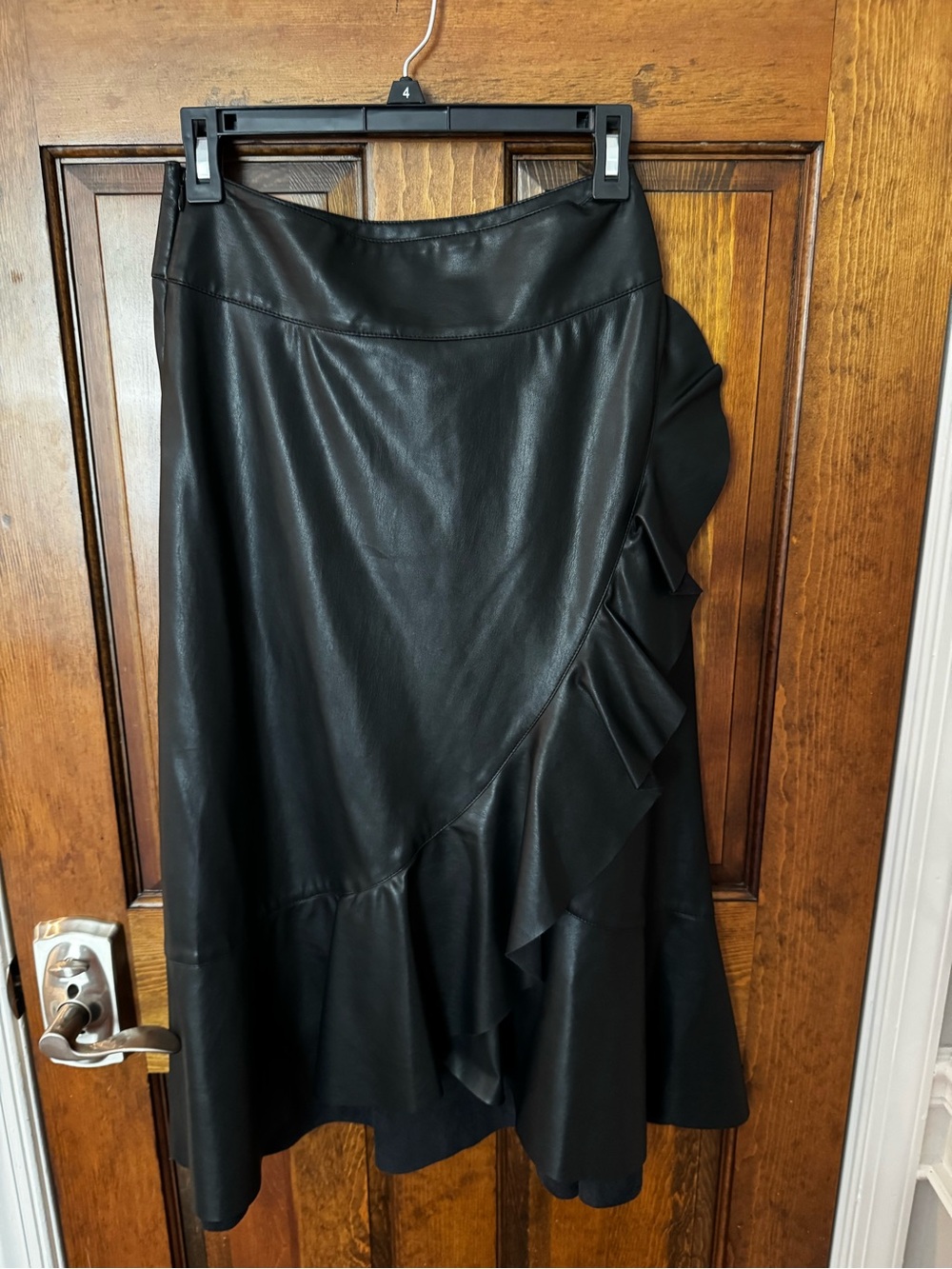 RACHEL Rachel Roy Black Faux Leather Ruffle Midi Skirt